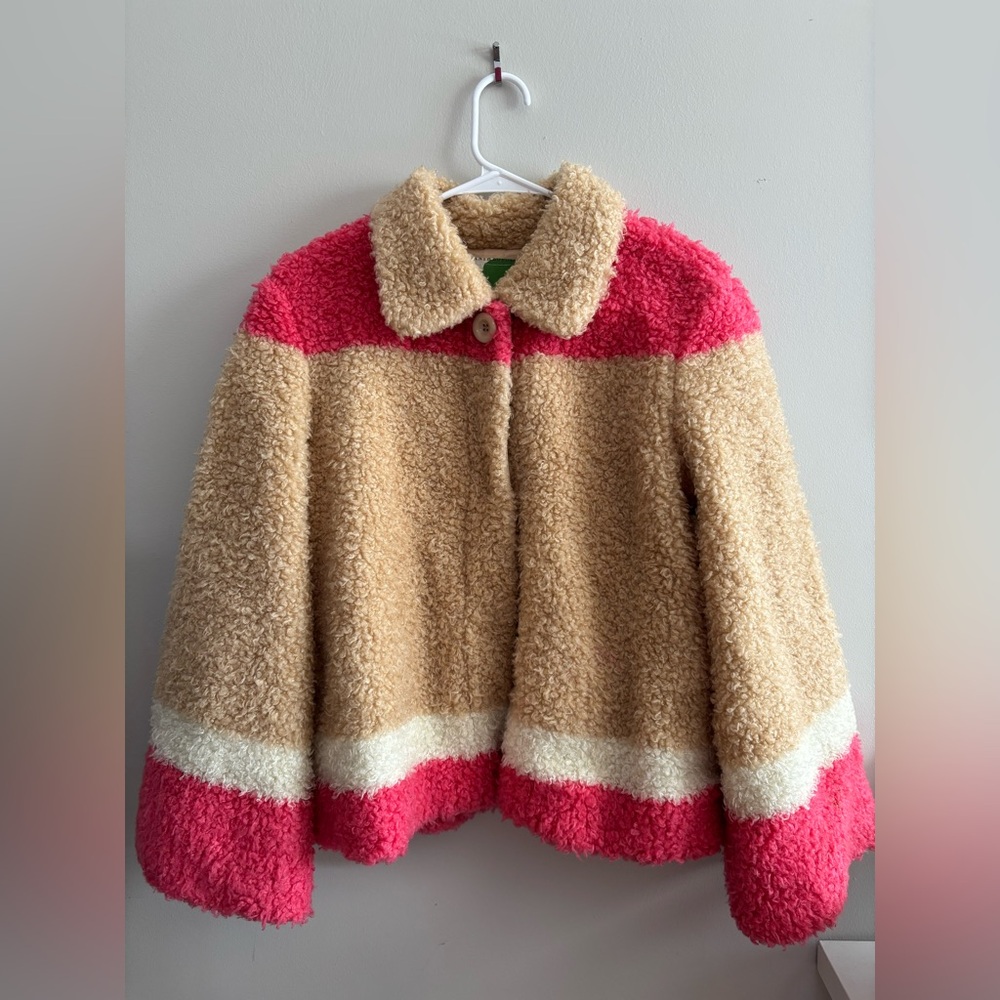 Anthropologie Color block Sherpa Jacket with Pink,‎ Tan, and Cream Medium